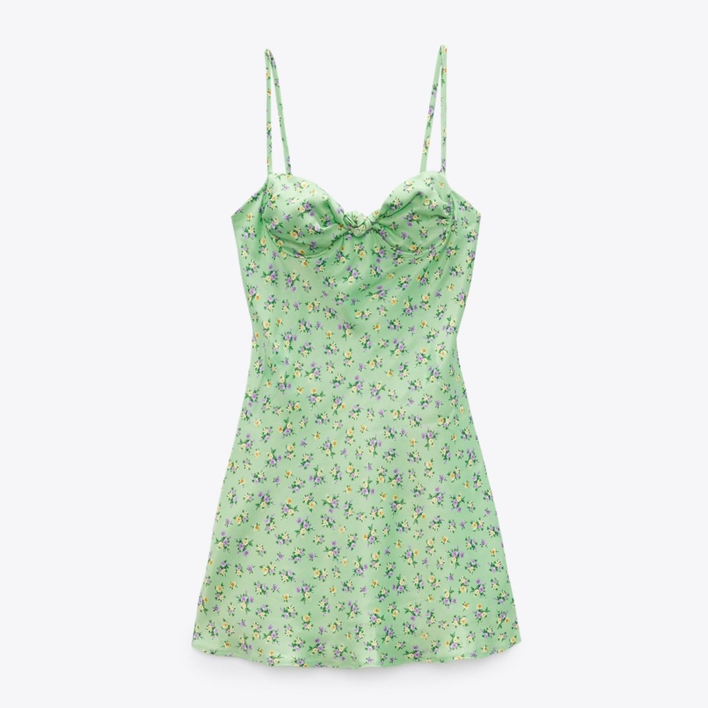 Zara mint satin mini floral knot detail mini dress